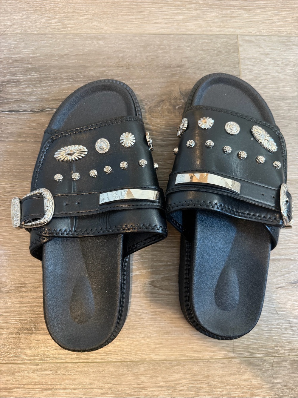 Black Studded Slide Sandals with Buckle Accent